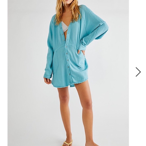 FreePeople] Teal Oversized raw edge Shirts Tunic Dress - Picture 3 of 10